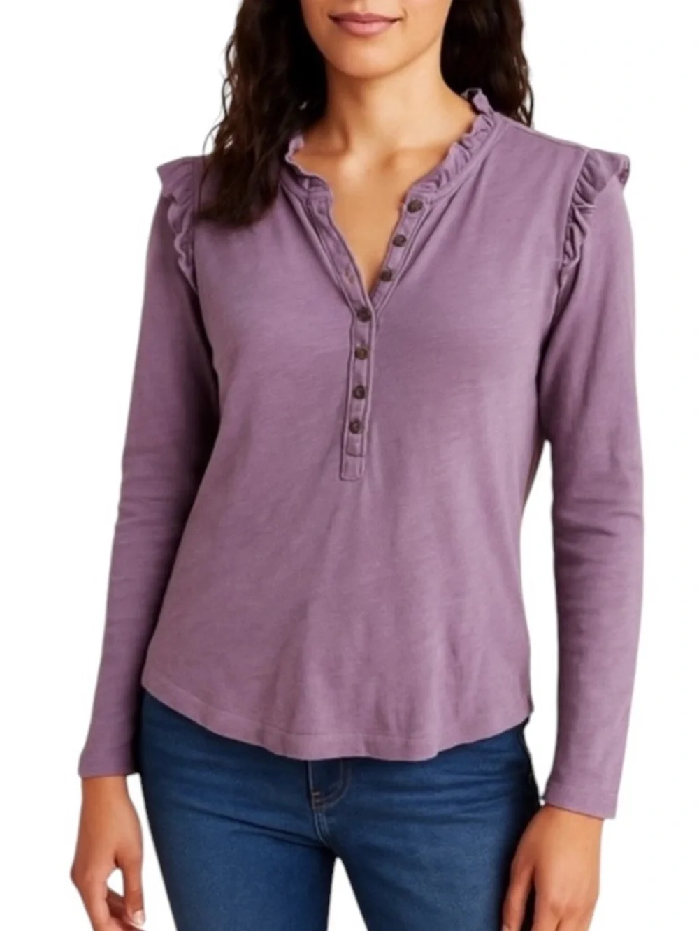 Anthropologie Pilcro Lilac Ruffle Henley Long Sleeve Top - S